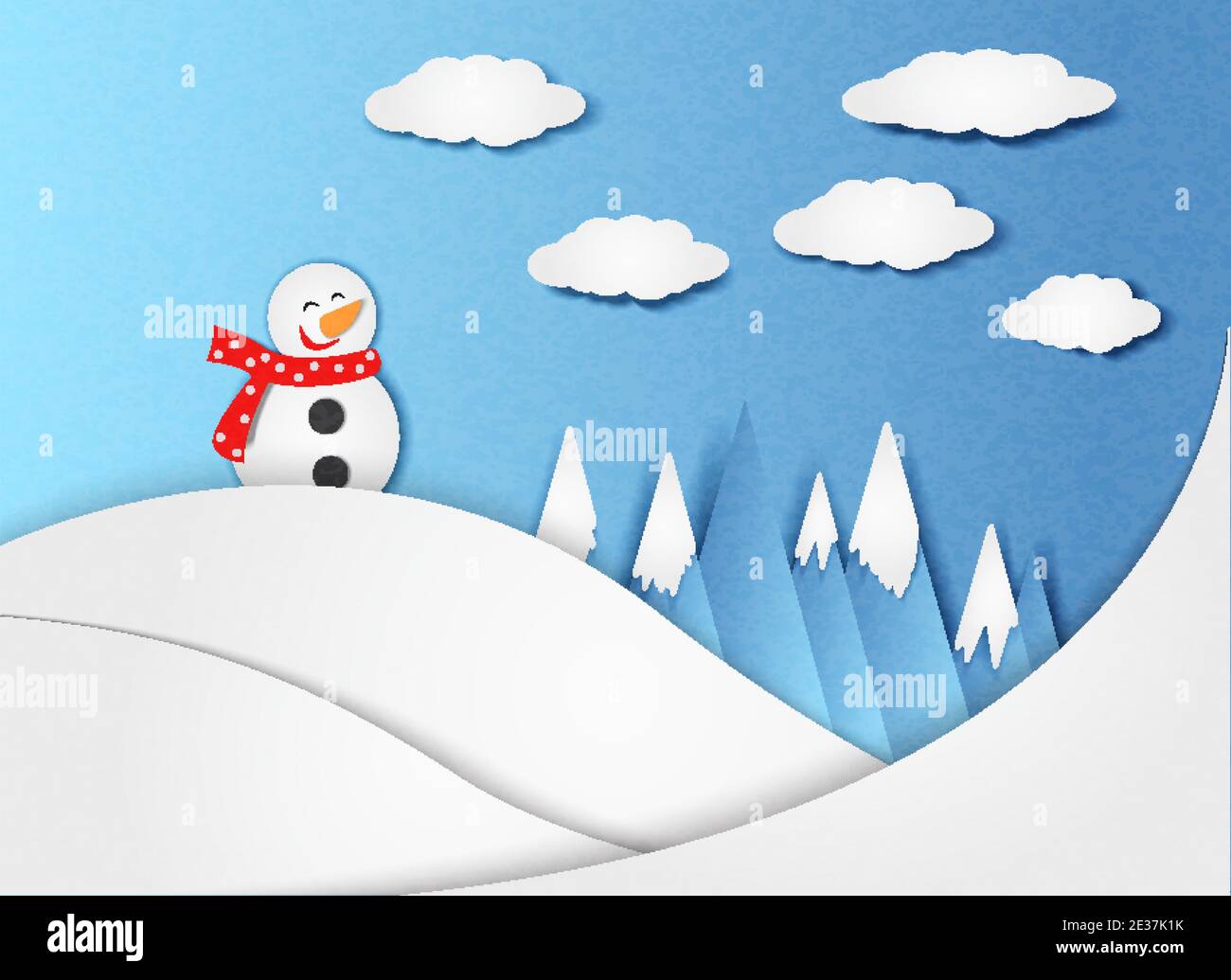 Snowman and mountains and clouds Stock Vector