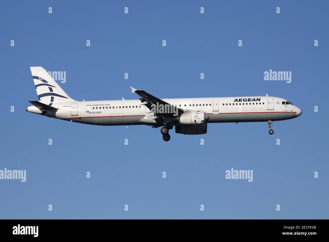 Greek Aegean Airlines Airbus A321-200 with registration SX-DVO on short final for runway 05R of Dusseldorf Airport. Stock Photo