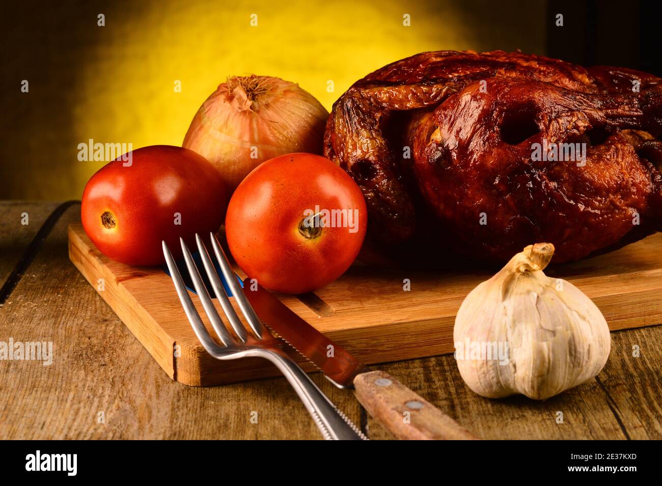 Roasted chicken on the table, lunch time Stock Photo