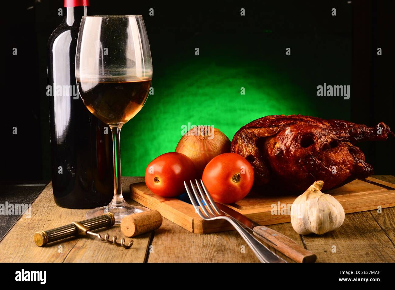 Roasted chicken on the table, lunch time Stock Photo