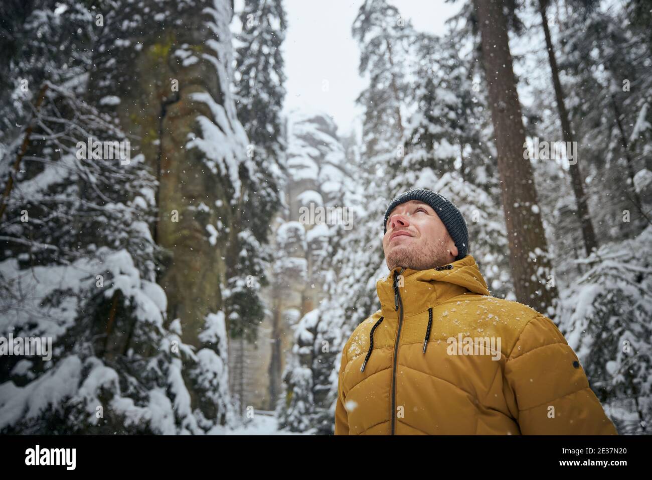 Portrait of young man in winter nature. Tourist in warm clothing against rocks in the middle forest during snowing. Adrspach, Czech Republic Stock Photo
