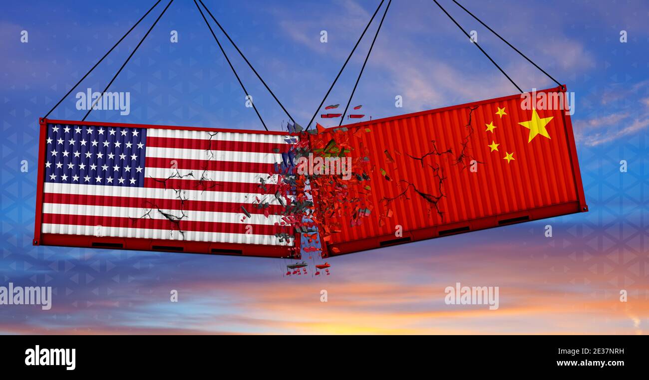 Usa Vs China Trade War Us Of America And Chinese Flags On Crushed Containers Cloudy Sky Background Banner 3d Illustration Stock Photo Alamy