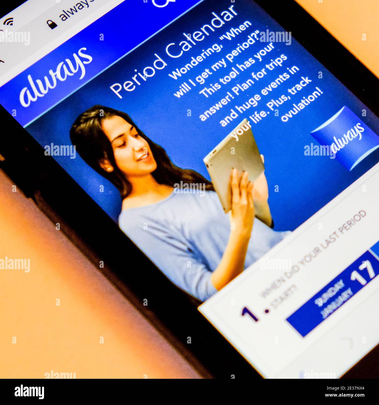 London UK, January 17 2021, Always Period Calender App Screenshot On A Mobile Or Smart Phone Display Screen Stock Photo