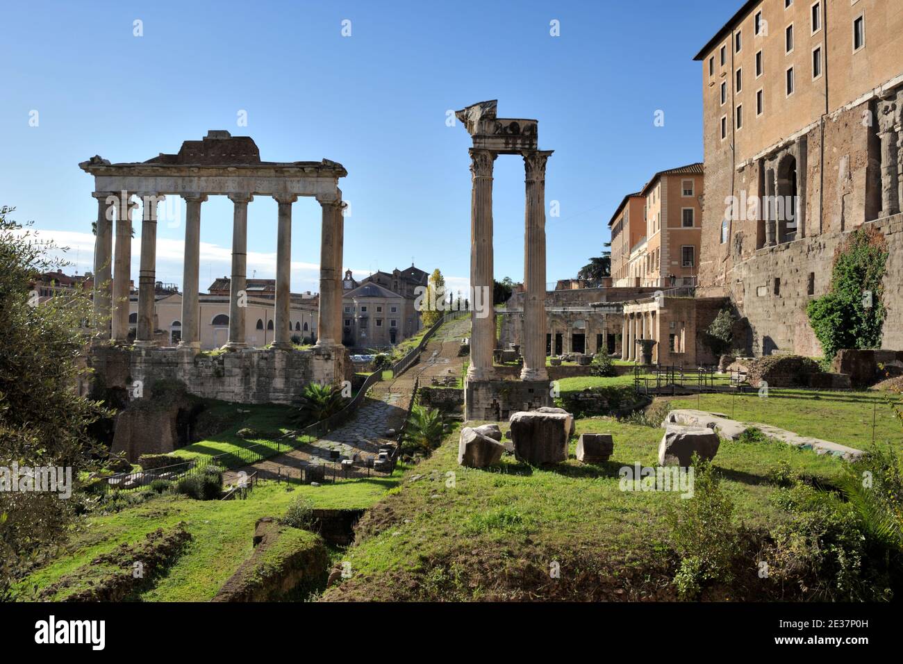 Italy, Rome, Roman Forum, Temple of Saturn, Temple of Vespasian and Titus and Tabularium on the Capitoline Hill Stock Photo