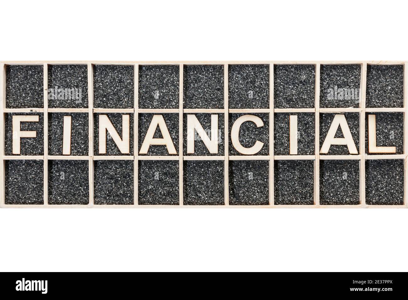 Plywood letters arranged in a collecting box with black decorative sand ...