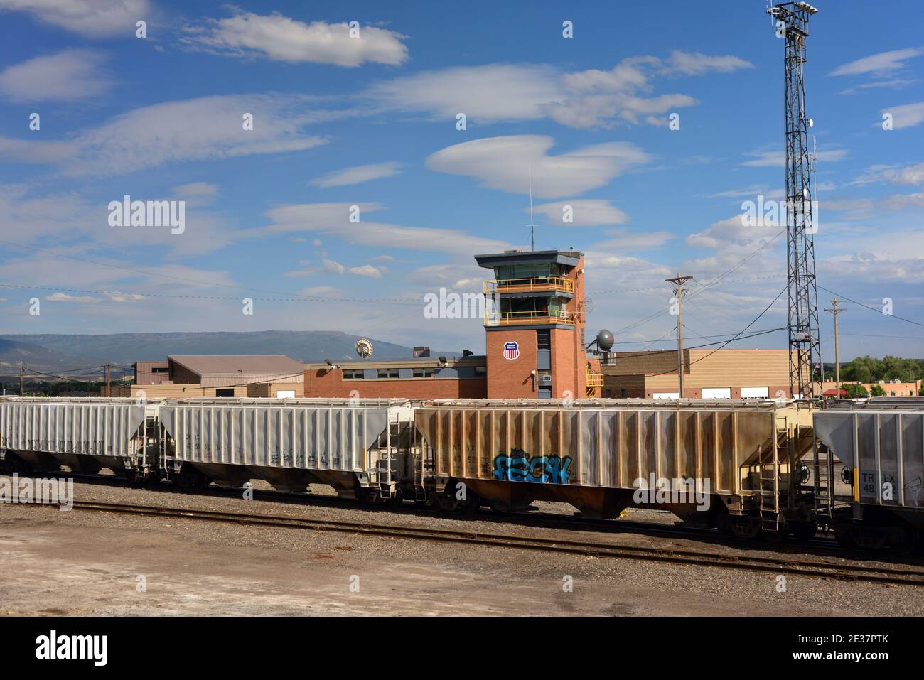 Freight switch-yard on the Union Pacific railroad at Grand Junction, Colorado, USA. Stock Photo