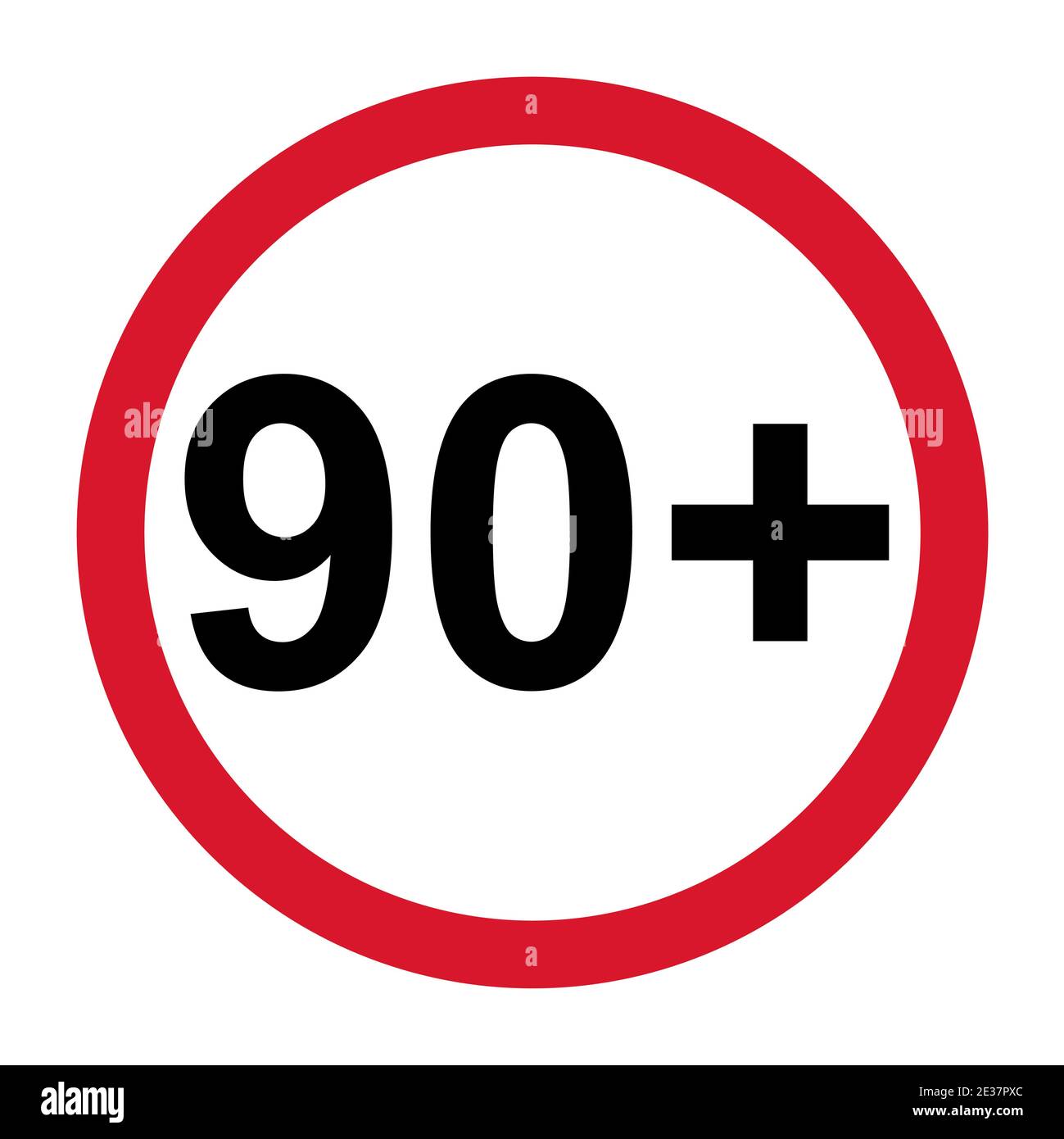 90+ restriction flat sign isolated on white background. Age limit