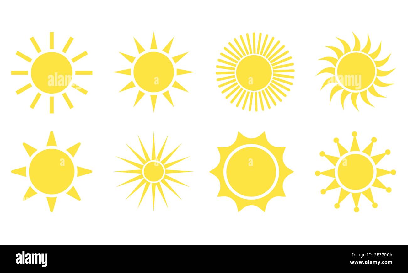 Sun icon set. Star logo icon. For summer, nature, sky, summer. Sun silhouette. Isolated vector illustration. Stock Vector