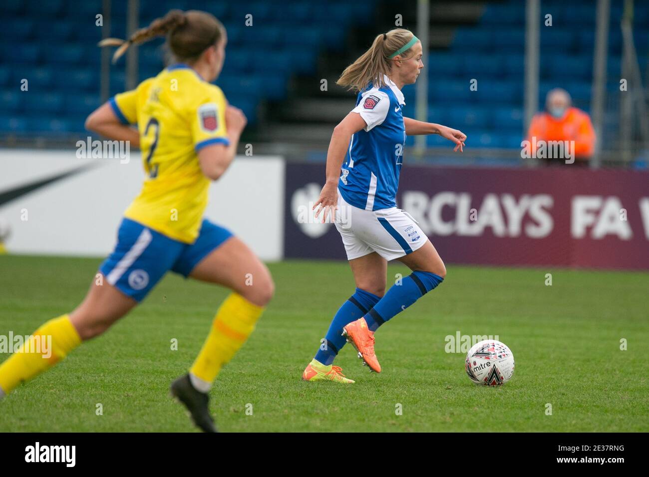 Solihull, West Midlands, UK. 17th Jan, 2021. WSL: BCFC v Brighton and Hove Albion. Blues women new signing Ruesha Littlejohn takes the ball forward on her debut for BCFC. Credit: Peter Lopeman/Alamy Live News Stock Photo