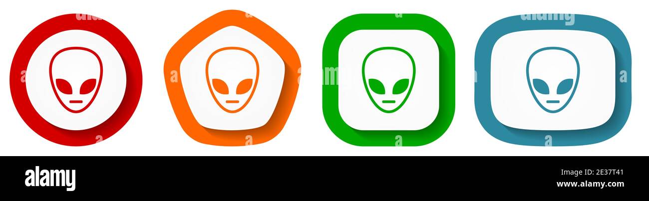 Alien face vector icon set, flat design buttons on white background Stock Vector