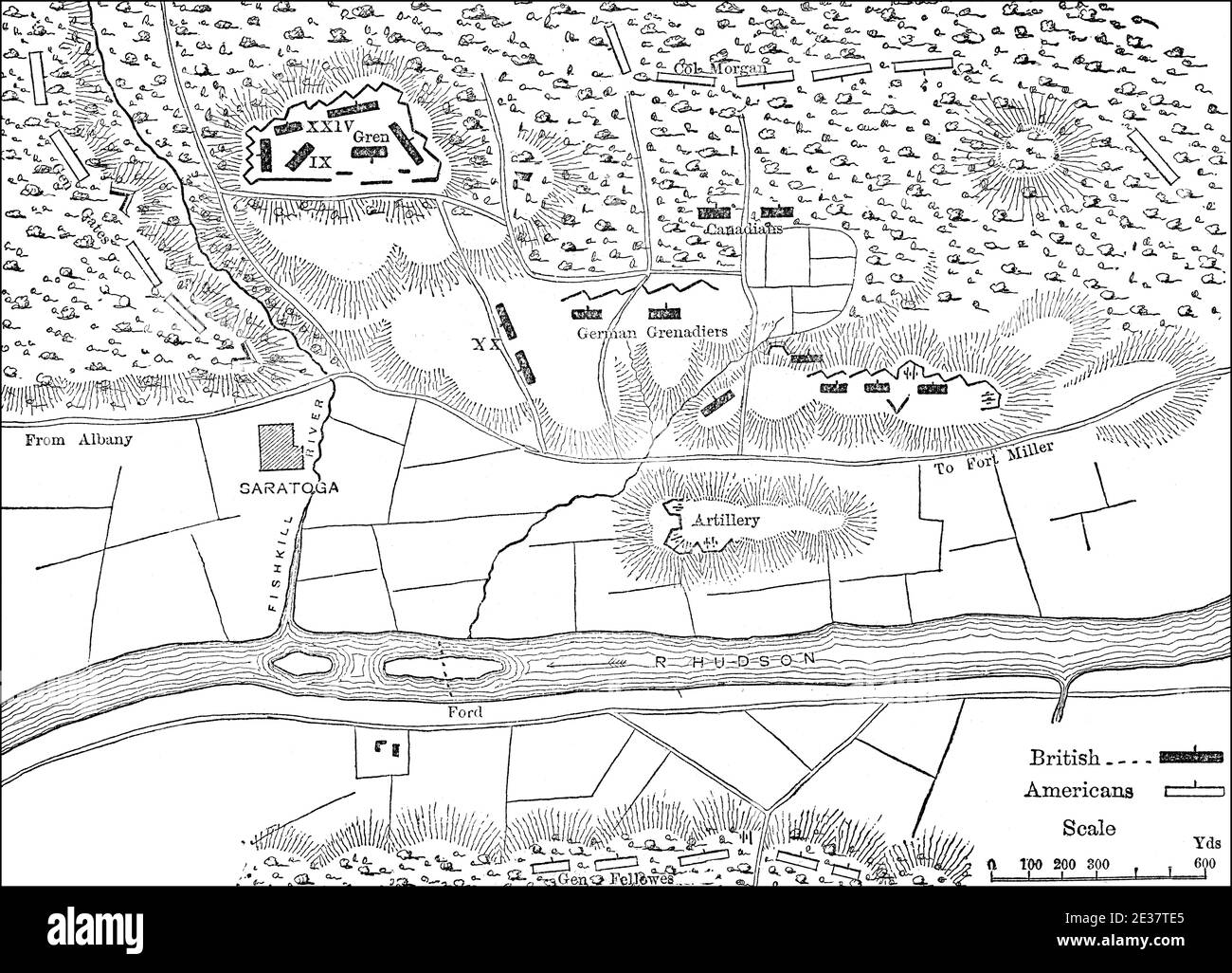 Plan of battlefield of the Saratoga campaign, September 19, 1777, American Revolutionary War Stock Photo