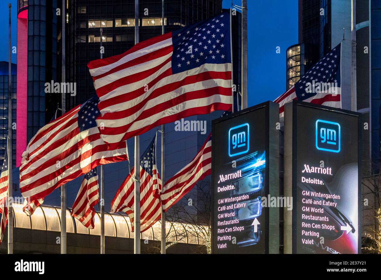 Detroit Michigan Usa 16th Jan 2021 The New General Motors Logo On Display At The Gm Headquarters In Detroit S Renaissance Center The Company Says The Logo Symbolizes Its Move Towards Building Electric