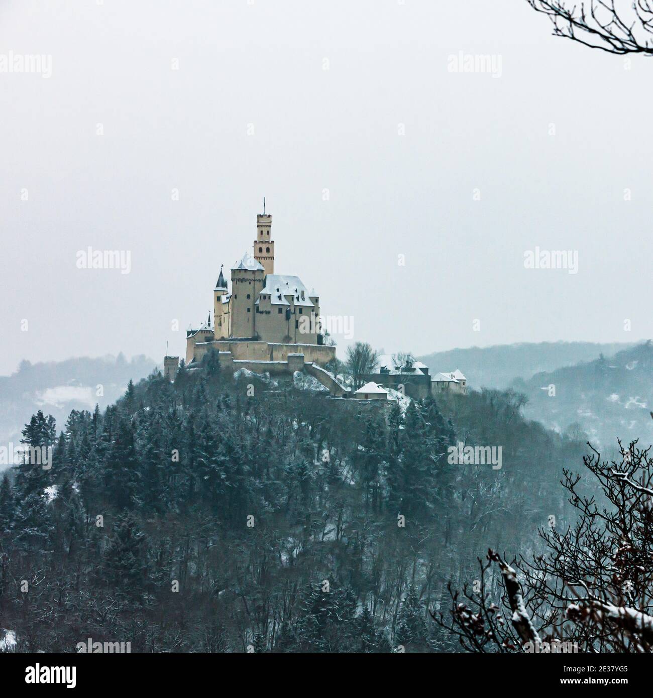 Marksburg castle, winter landscape Stock Photo