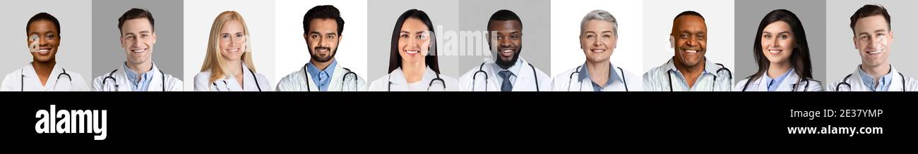 Row Of Multicultural Doctors Portraits, Gray And White Backgrounds ...
