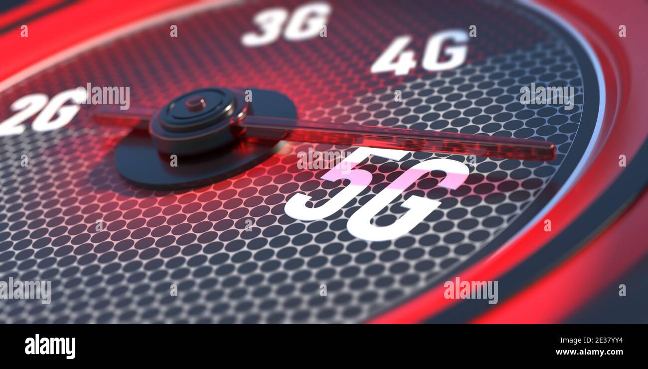 5G network wireless technology. High speed internet connection. Reaching 5g, car speedometer, internet speed test, closeup view. 3d illustration Stock Photo