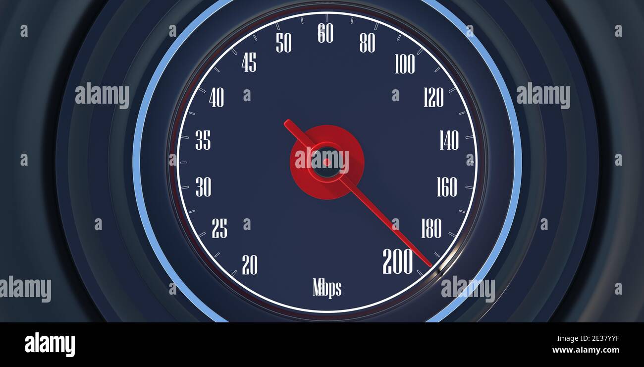 Internet speed test, 200 Mbps on car speedometer,  closeup view. Fast internet connection concept. 3d illustration Stock Photo