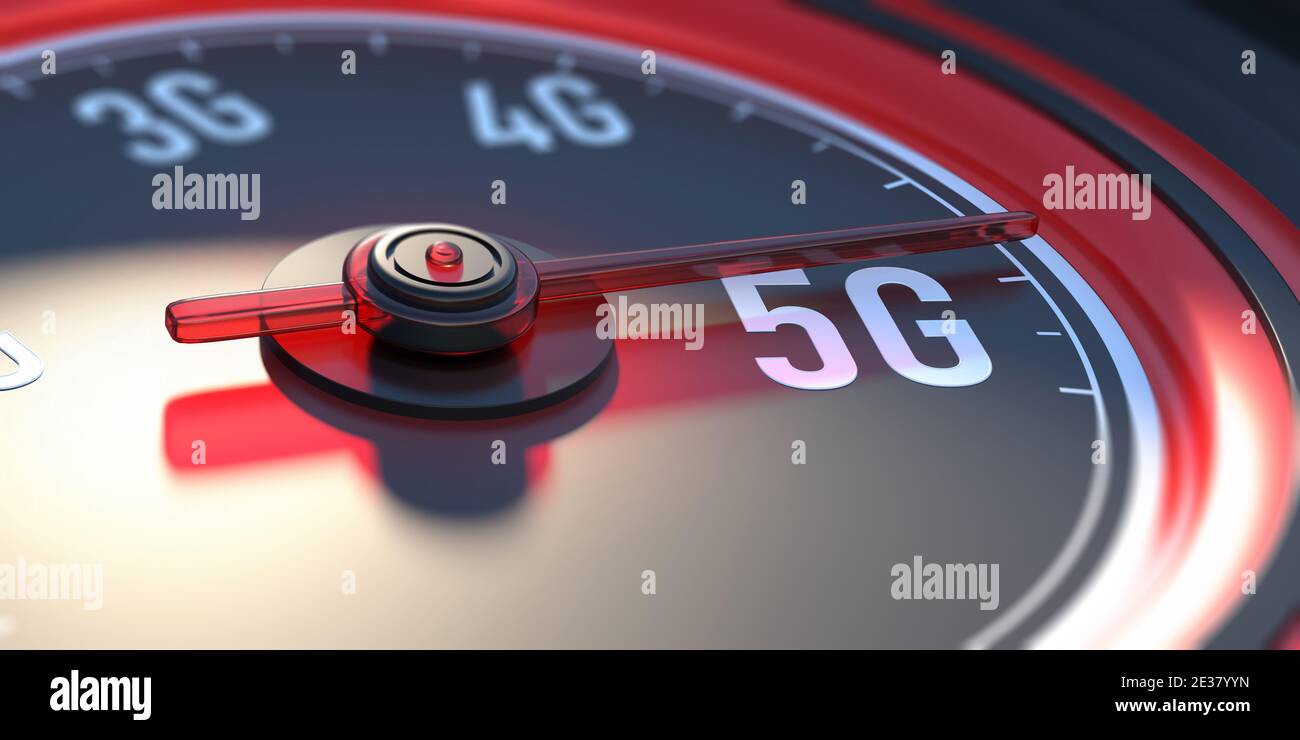 5G network wireless technology. High speed internet connection. Reaching 5g, car speedometer, internet speed test, closeup view. 3d illustration Stock Photo