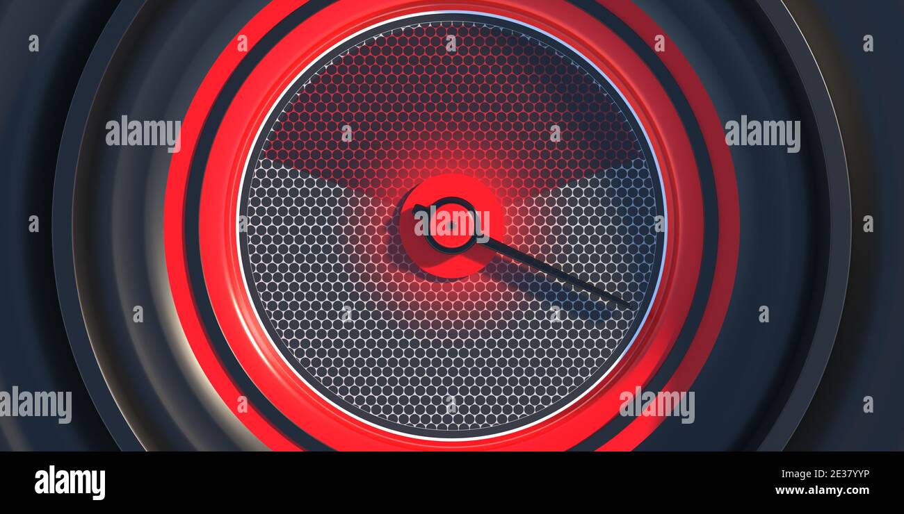 Speedometer closeup. Car dashboard analog round gauge top view. High speed, fuel, rpm indication. Red color on black background. 3d illustration Stock Photo