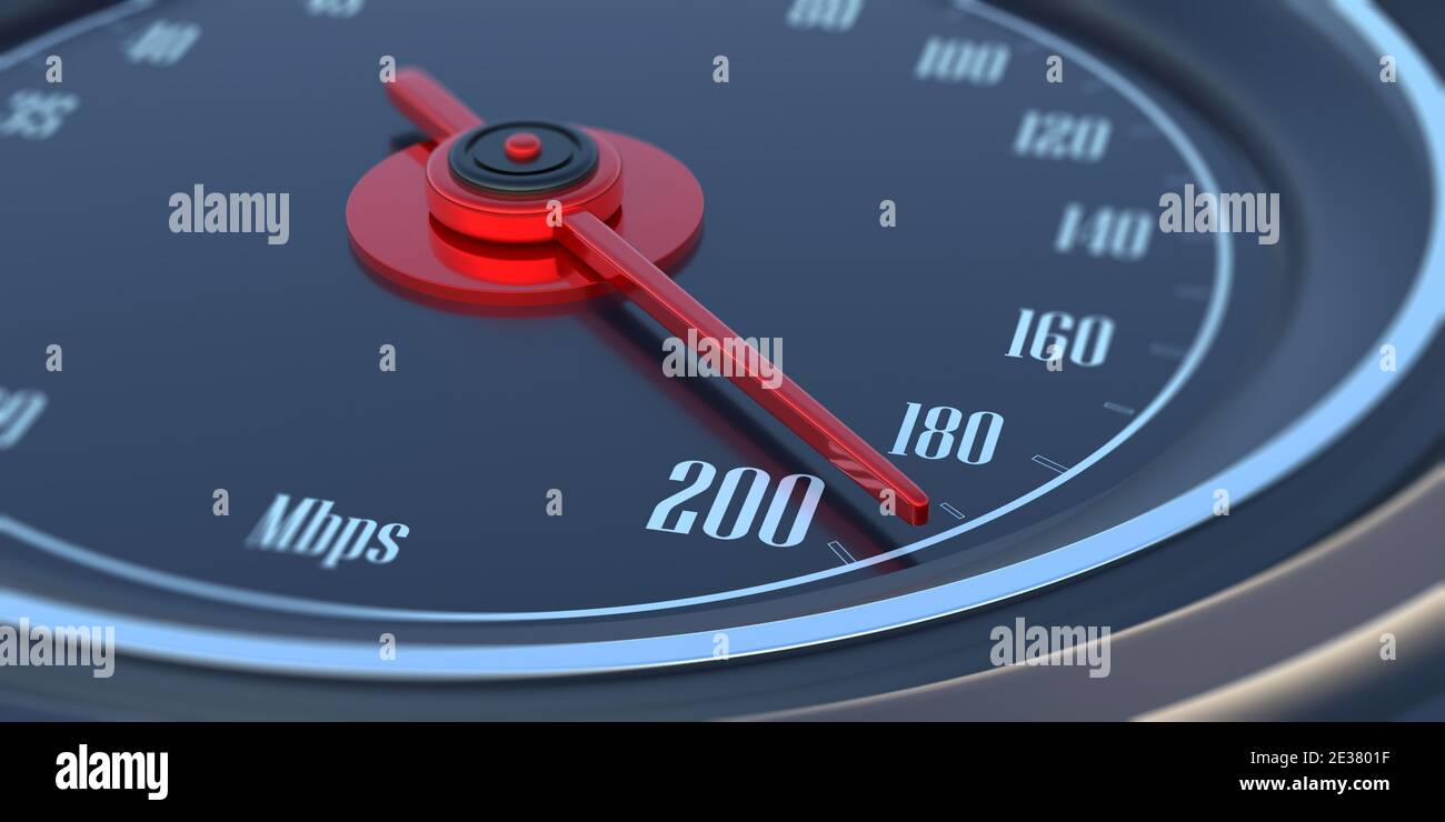 speed test, 200 Mbps on car speedometer, closeup view. Fast