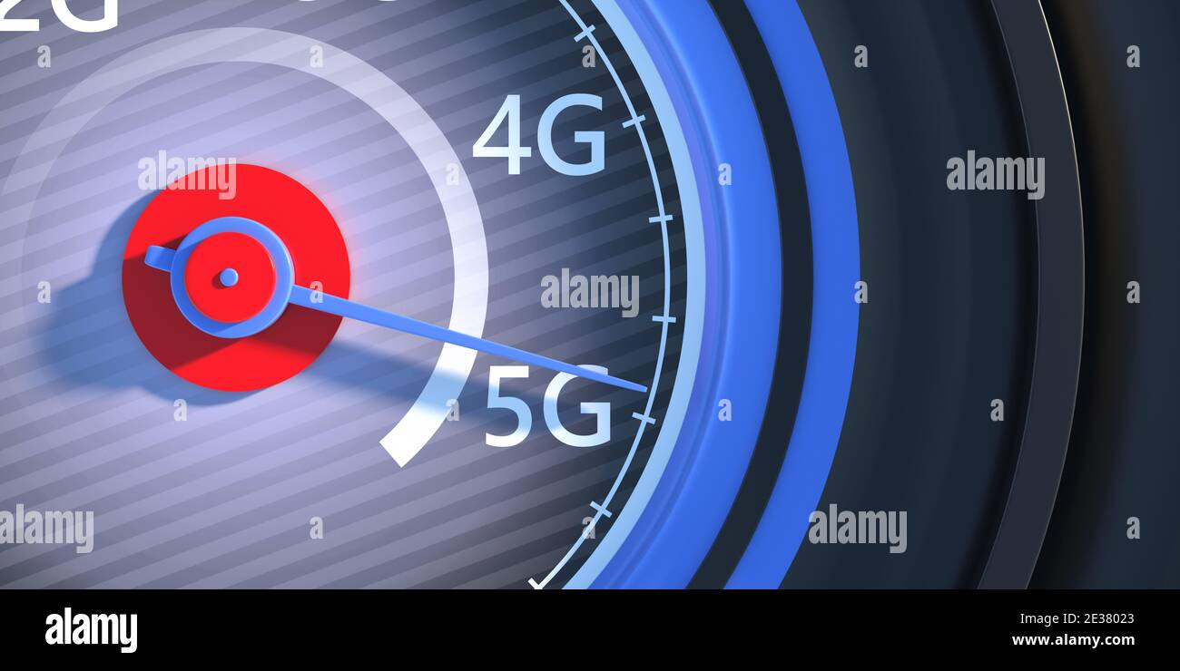 5G network wireless technology. High speed internet connection. Reaching 5g, car speedometer, internet speed test, closeup view. 3d illustration Stock Photo