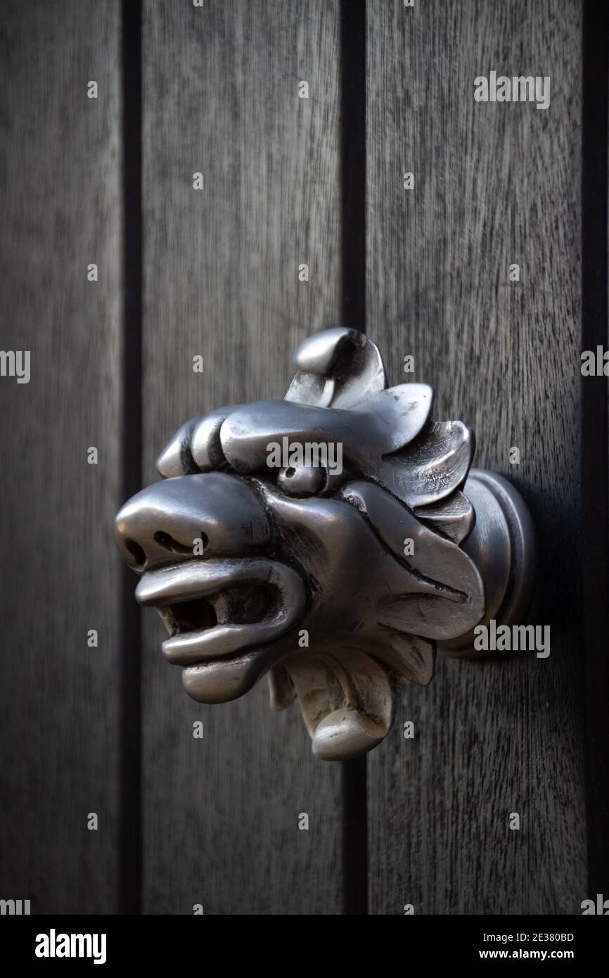 Snarling dragon with large nose as a door knob or handle Stock Photo