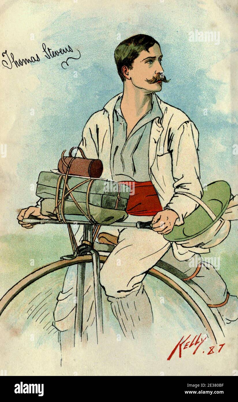 Vintage poster by James E Kelly of Tom Stevens the first person to cycle around the world 1884-1886, on his penny farthing bicycle. (1887) Stock Photo