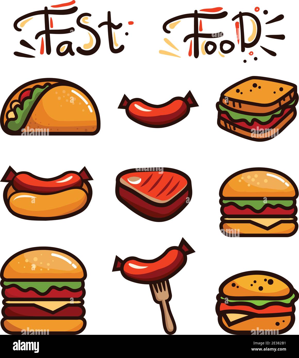 Set with various fast food. Sandwich, hot dog, hamburger, taco, sausage. hand-drawn vector illustration Stock Vector