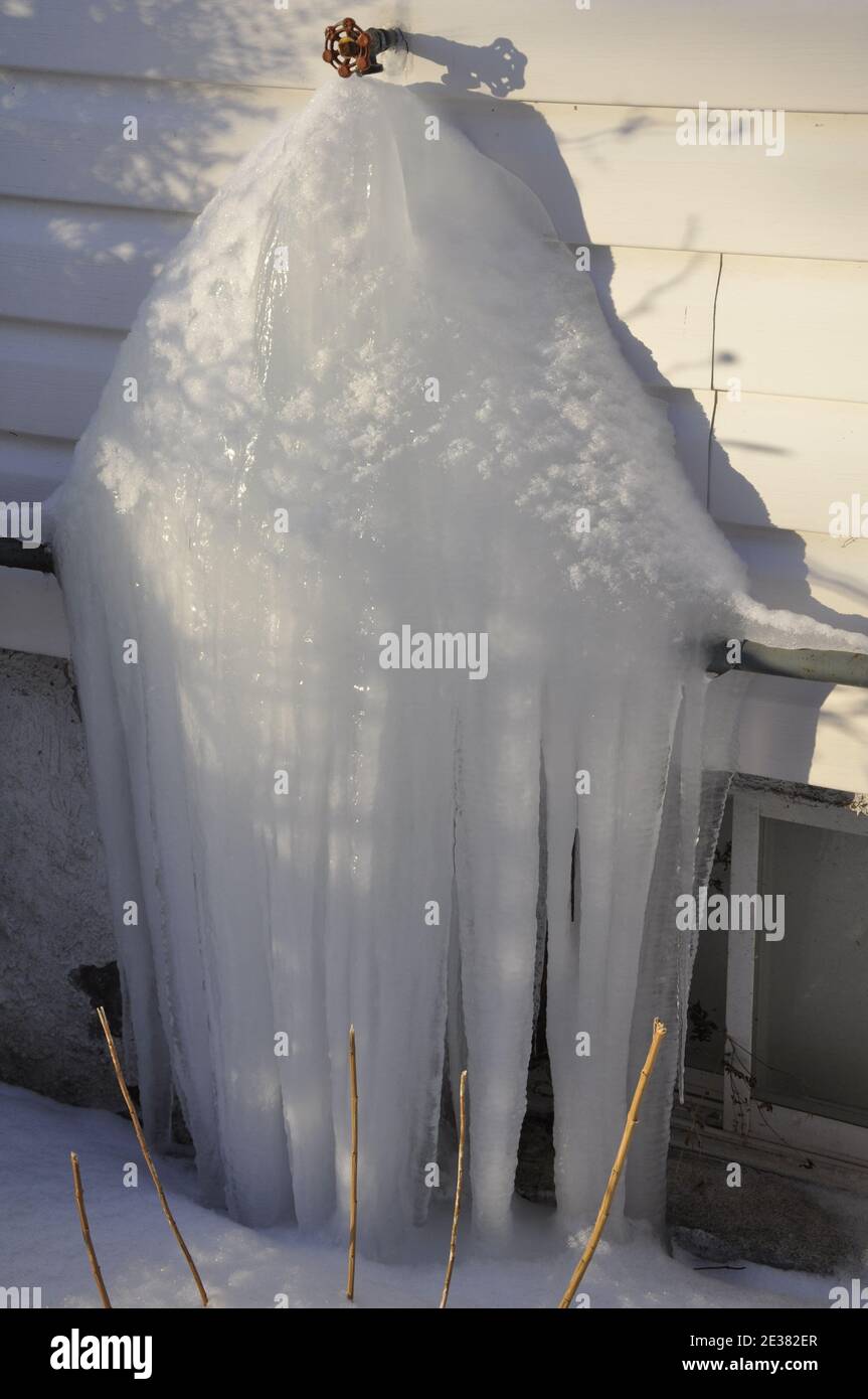 Frozen Ice Formed On House Water Faucet Frozen Pipes Stock Photo