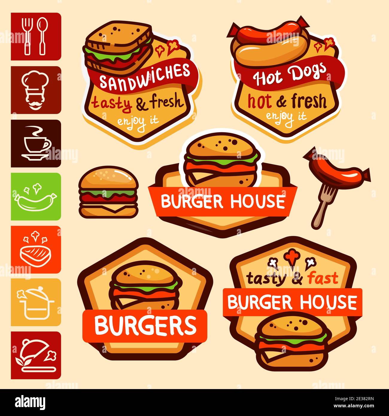 Burger sandwich emblem logo design set. Isolated vector illustration Stock Vector