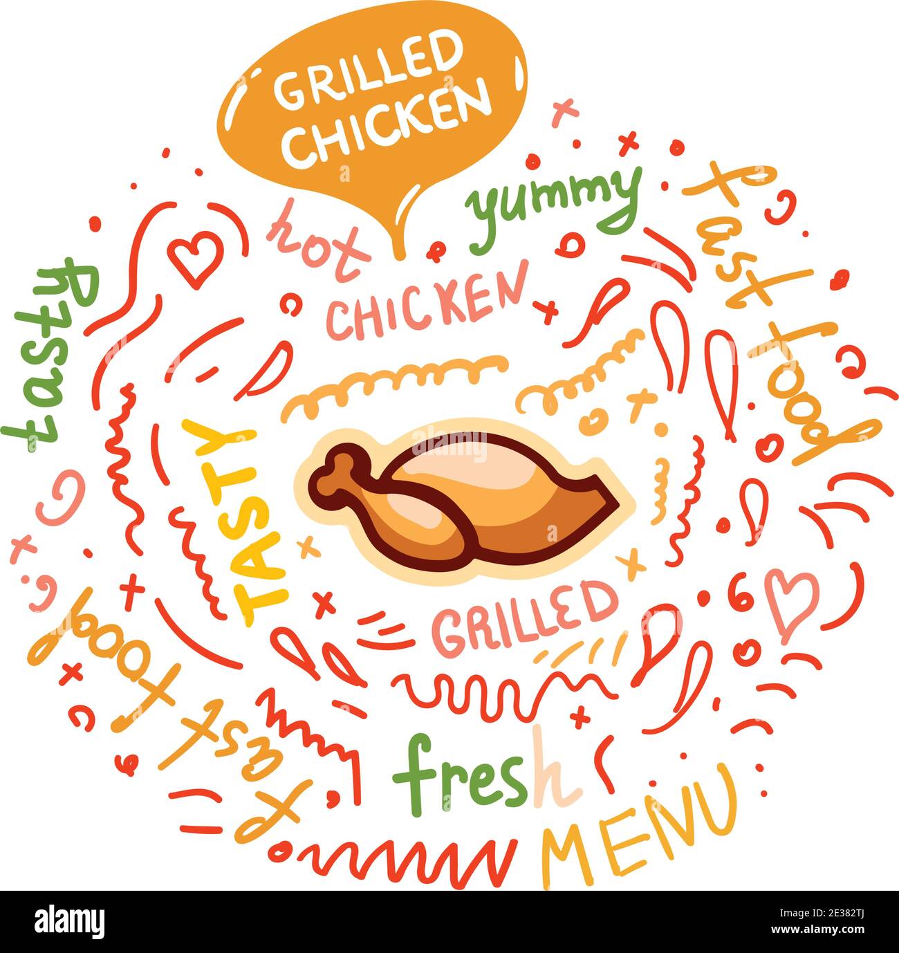Vector Lettering Chicken Colorfull vector illustration with grilled chicken, doodles and ...