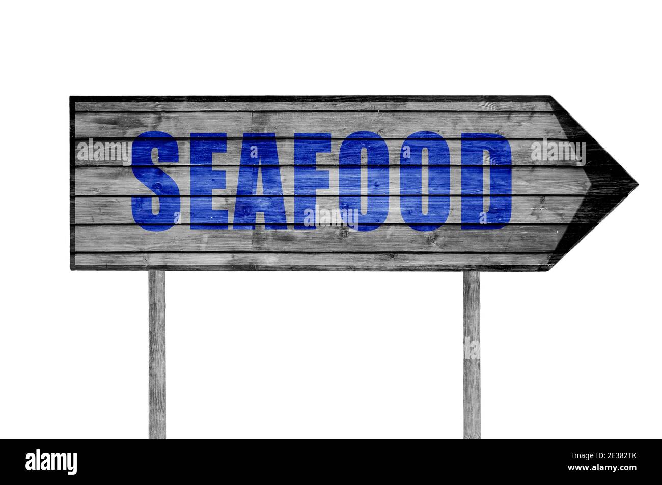 Seafood wooden sign with a beach on background Stock Photo