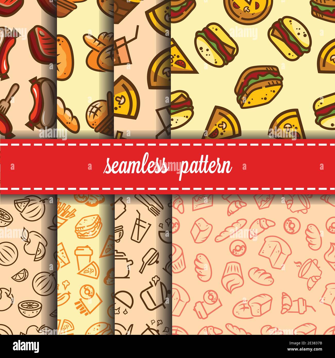 Vector seamless backgrounds set with fast food icons for your design. Stock Vector
