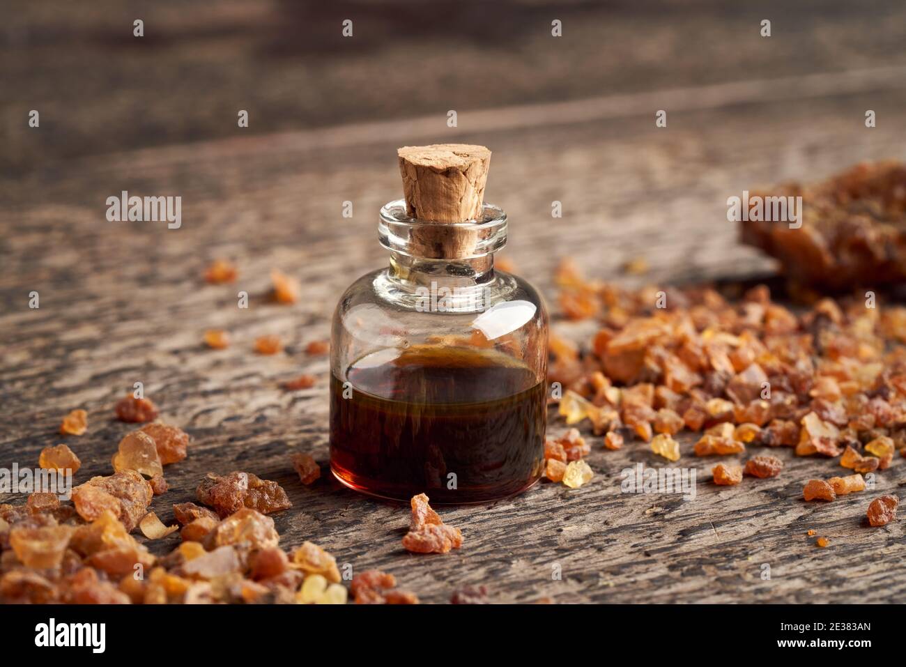 Myrrh essential oil and resin on a table Stock Photo