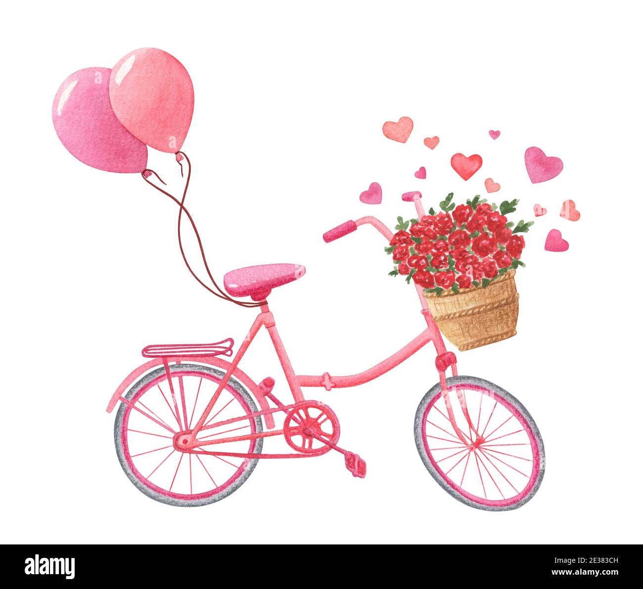 Pink oldfashioned bicycle with flowers in basket Stock Photo Alamy