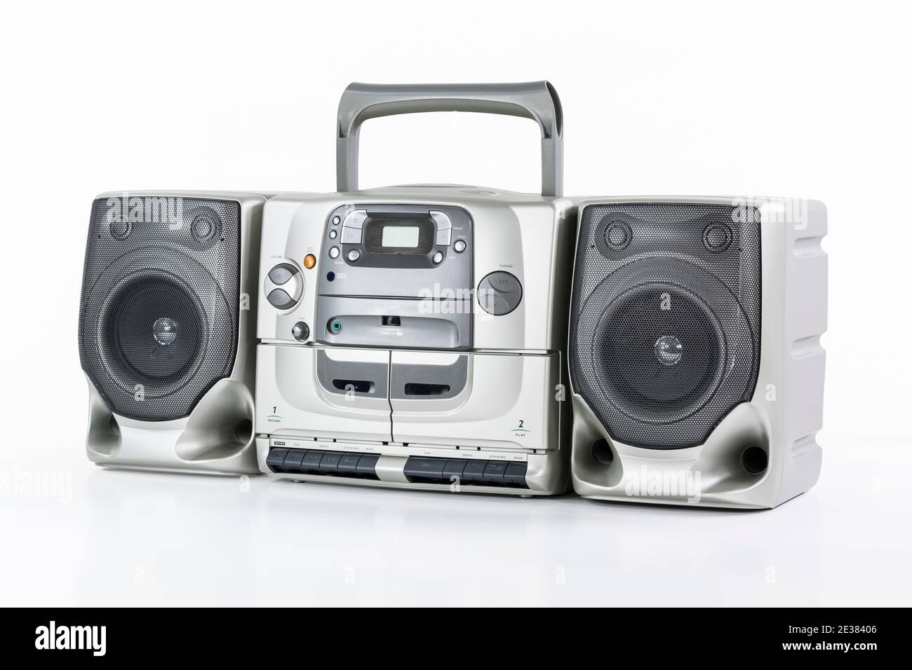 Vintage boom box style portable stereo radio, cd, cassette tape recorder on white. Stock Photo