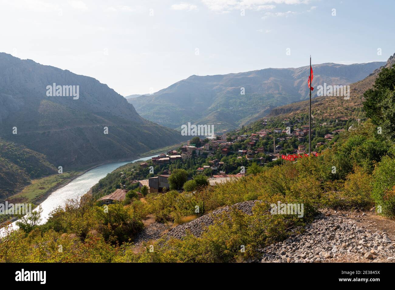 Aerial landscape view of Kemaliye town between valley in Kemaliye or Egin, Erzincan, Turkey Stock Photo