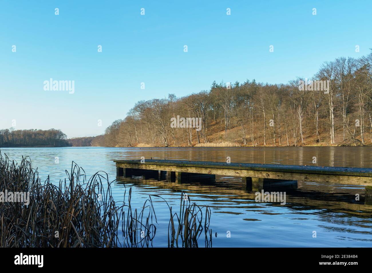 Wooden landing stage at Huwenowsee lake in Meseberg, Brandenburg, Germany Stock Photo