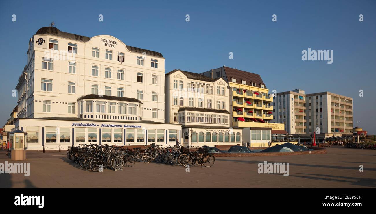 Hotels At The Promenade, Borkum, East Frisian Island, East Frisia, Lower Saxony, Germany, Europe Stock Photo
