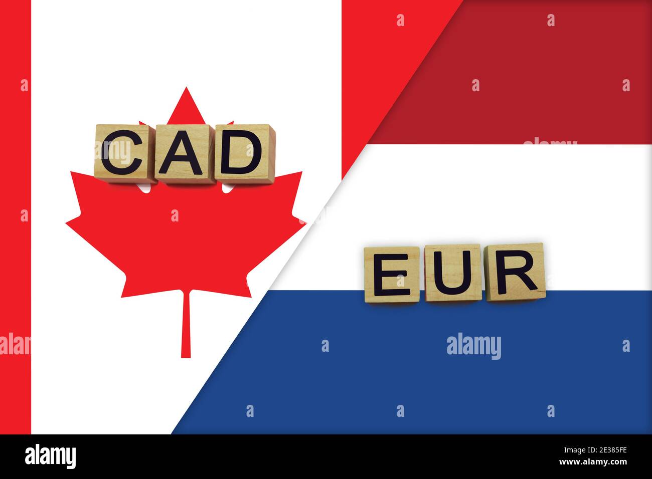 Canada and Netherlands currencies codes on national flags background