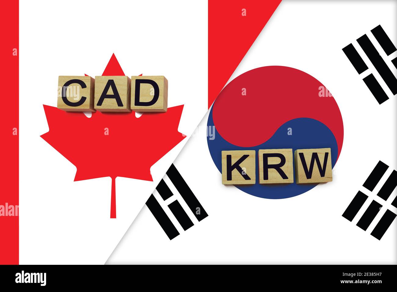 Canada and South Korea currencies codes on national flags background. International money transfer concept Stock Photo