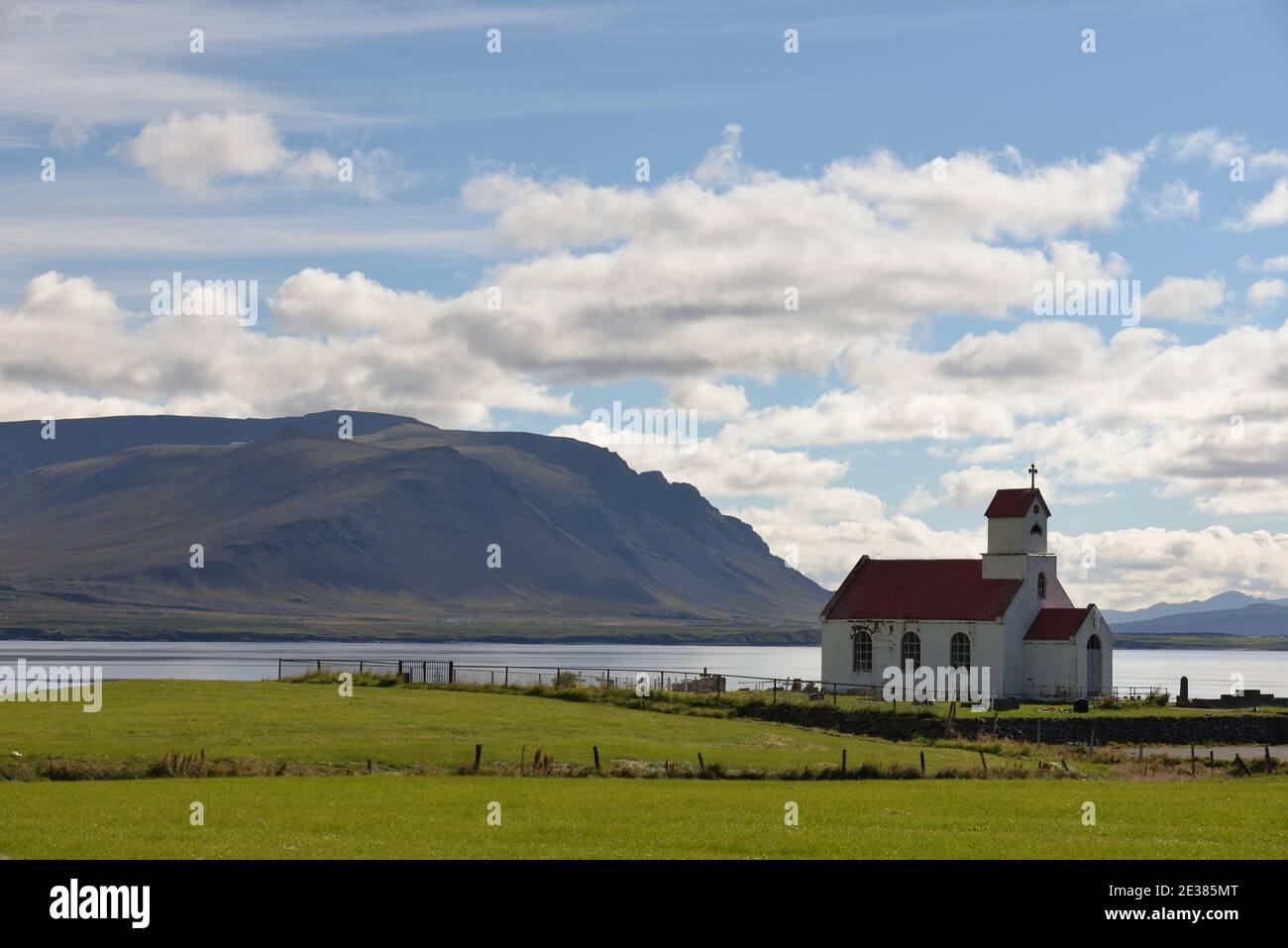 Icelandic landscape with picturesque church Stock Photo