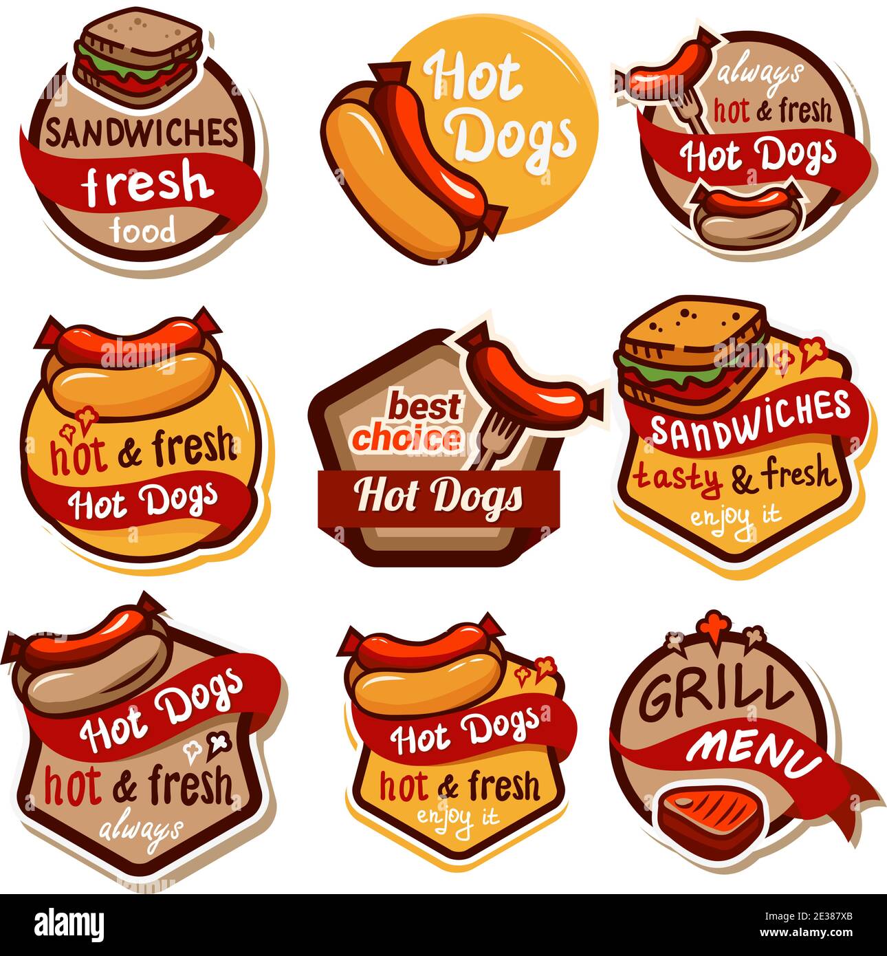 Hotdog sandwich emblem design set. Isolated vector illustration Stock Vector