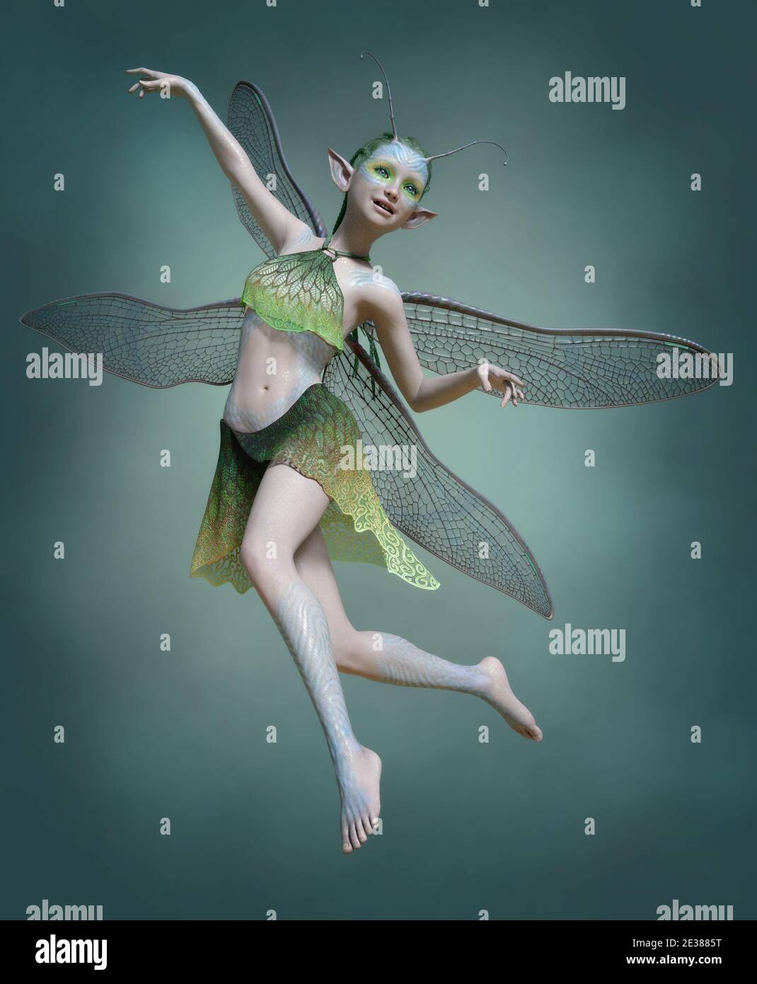 3d computer graphics of a cute fairy with dragonfly wings and antlers Stock Photo
