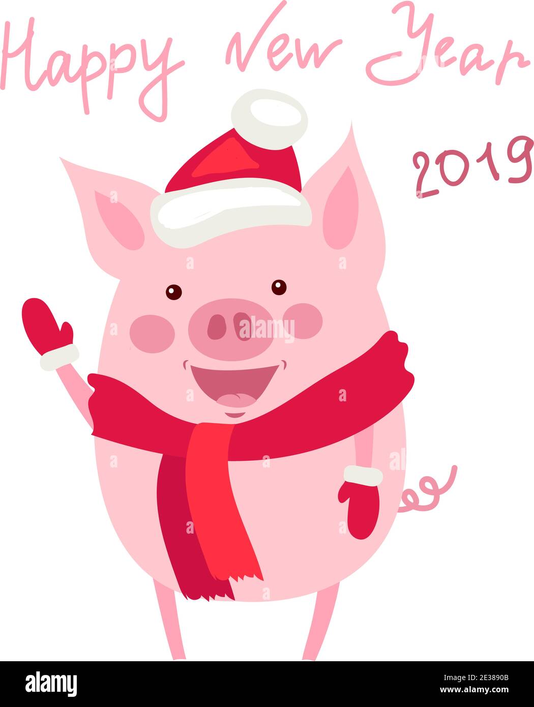 Vector illustration, Happy New Year 2019 funny card design with cartoon