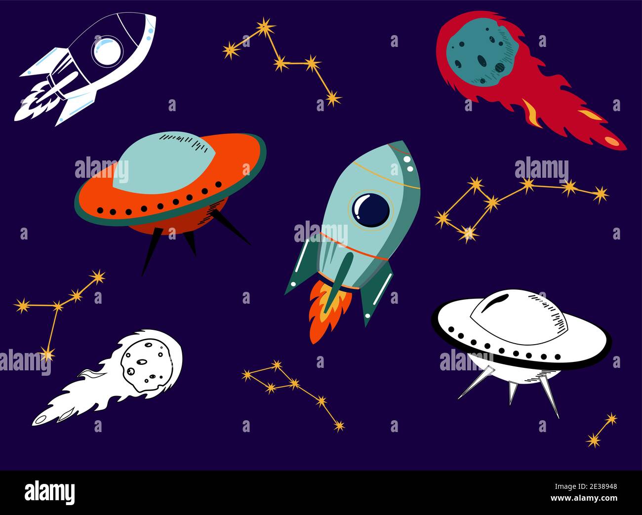 set of vector space objects spacecraft, UFO, meteor and star constellation. Stock Vector