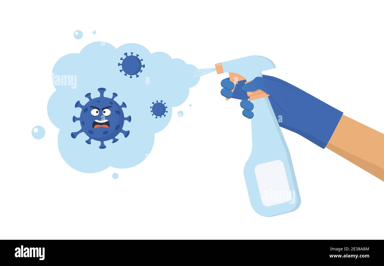 Coronavirus character scared of spraying sanitizer. Hand in a protective glove holds a spray sanitizer. Fighting covid 19 with disinfection. Vector il Stock Vector