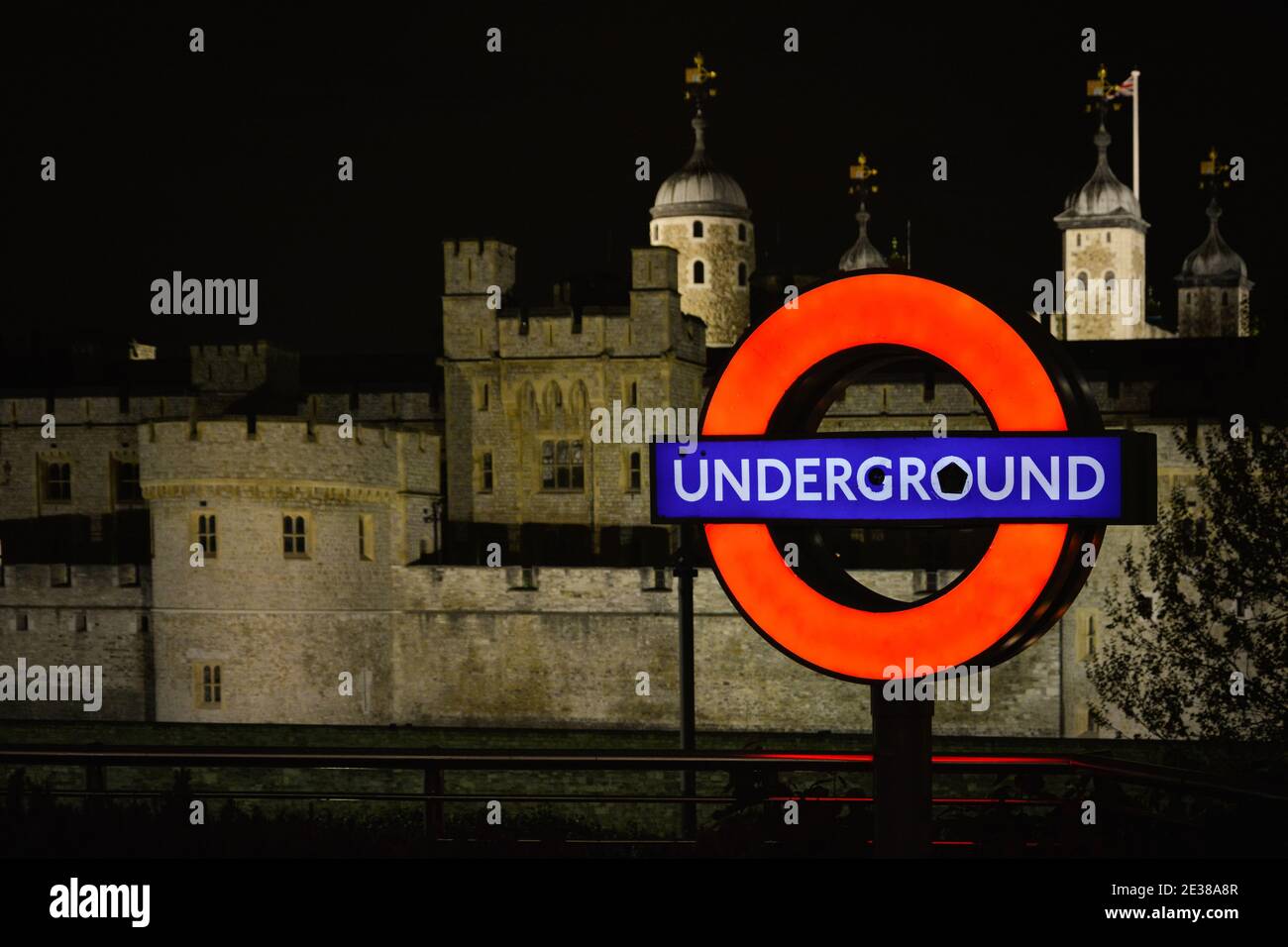 London underground sign near the Tower of London station, UK Stock Photo