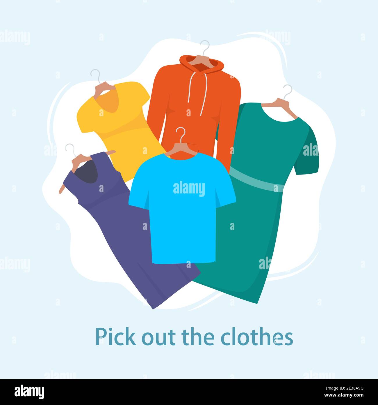 Men and women casual clothes on hangers. Different casual things: dress, t shirt, sweatshirt. Choosing clothes concept. Vector illustration in flat st Stock Vector