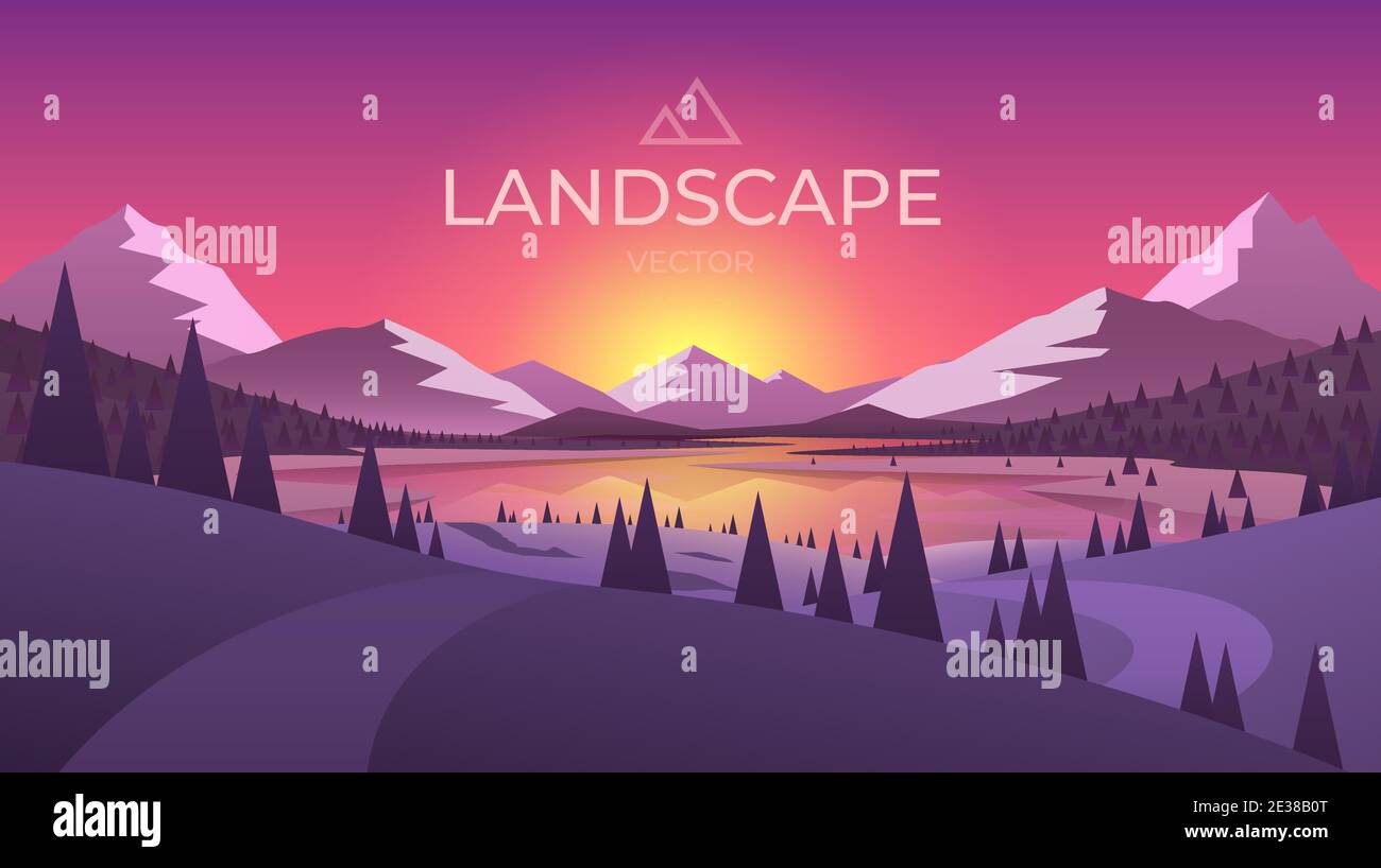Landscape with silhouettes of mountains and Mountain river. Nature ...