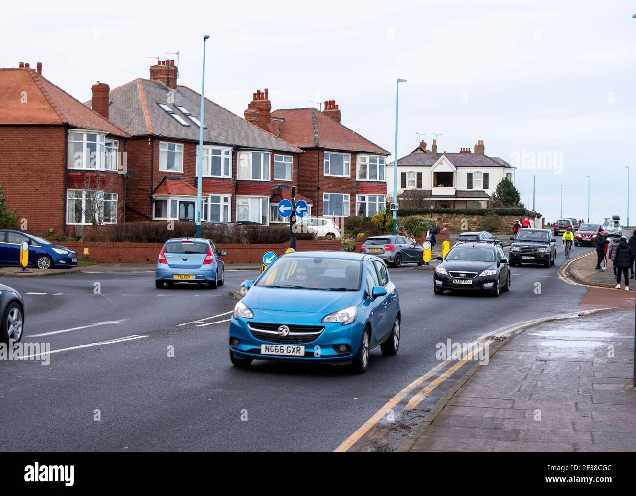 Whitley Bay, Traffic at Monkseaton Drive roundabout January 2021 during lockdown Stock Photo